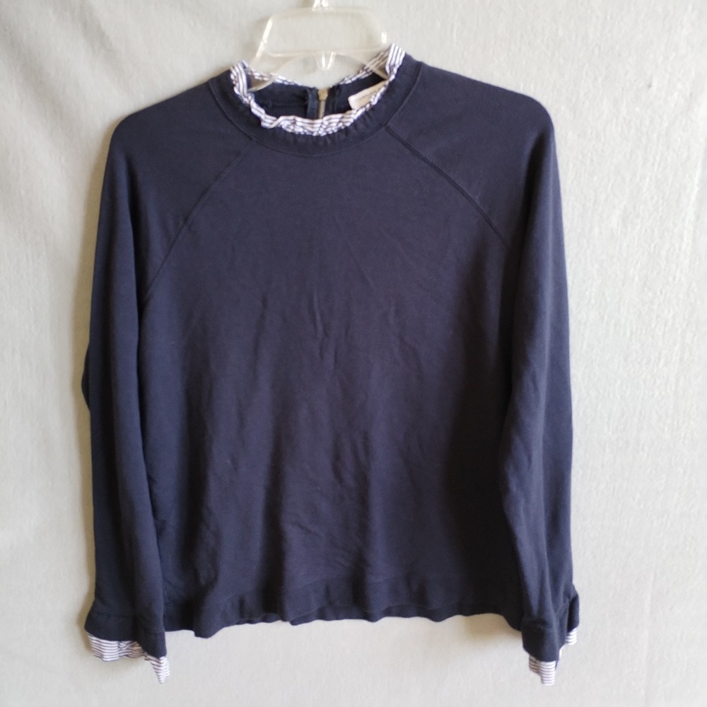 Carolina Belle Montreal Sweatshirt Womens Medium Blue Striped Ruffle Collar Zip